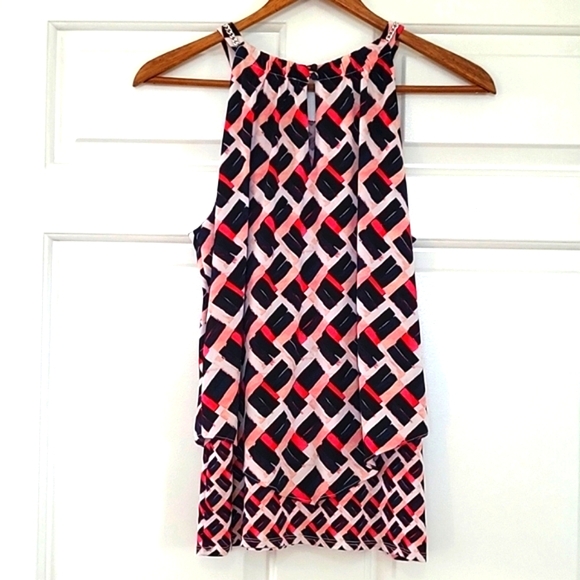 WHITE HOUSE BLACK MARKET TOP SZ XS MULTICOLOR GEOMETRIC SLEEVELESS LAYERED - Picture 2 of 8